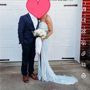 Elegant Strapless Blue and White Prom Dress